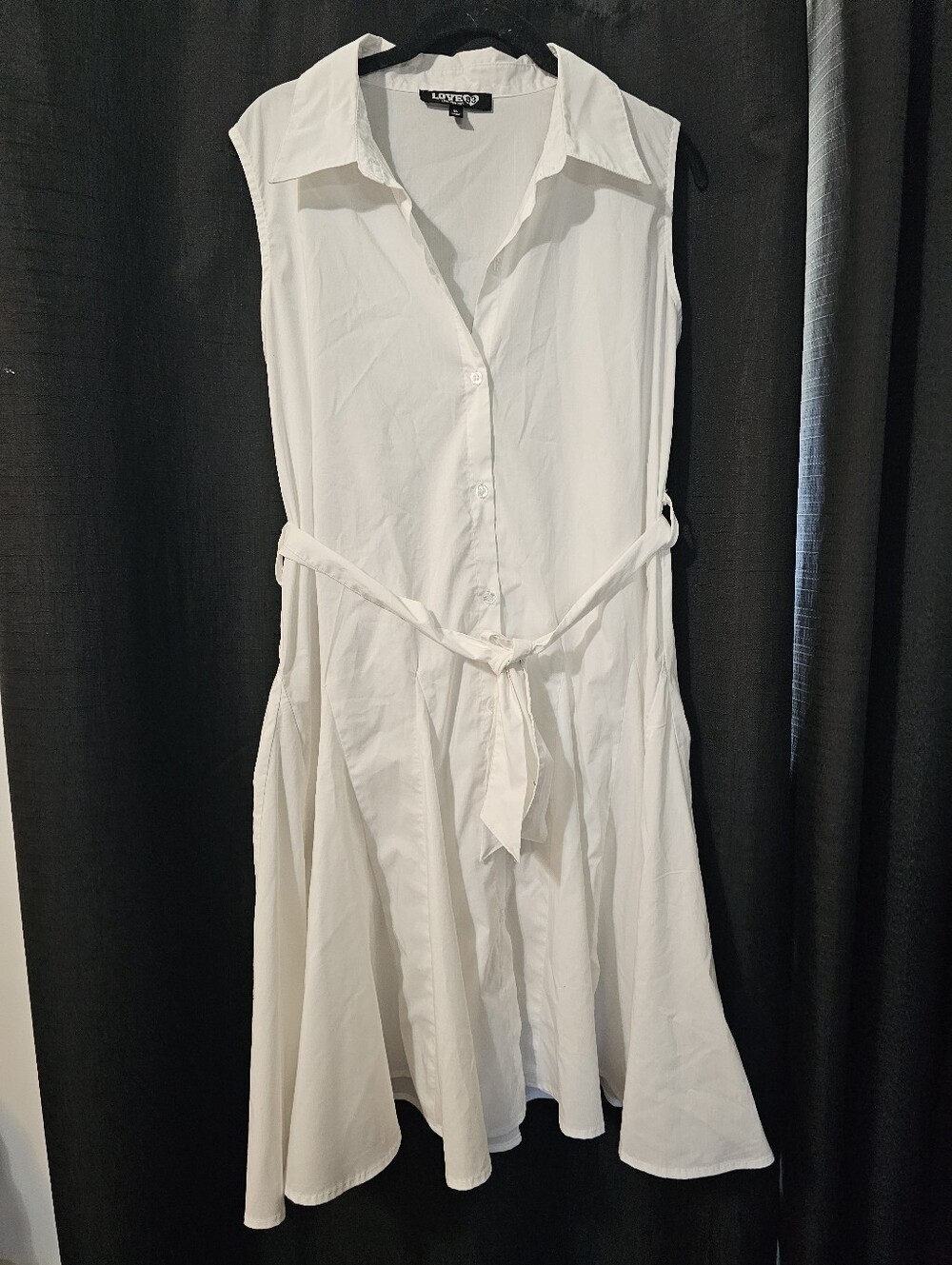 Love 83 - Love Yourself, White Sleeveless Shirt Dress with Waist Tie M